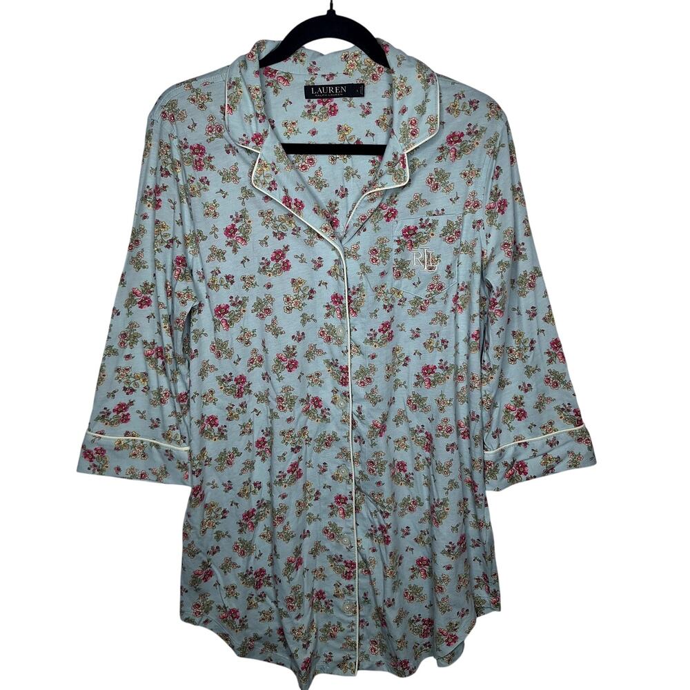 Lauren Ralph Lauren Long Sleeve Sleepshirt L Jersey Floral Cotton Blend Logo